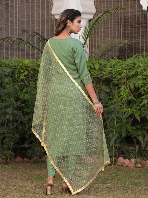 Green Embroidered Straight Viscose Musline Kurta With Pant & Net Dupatta