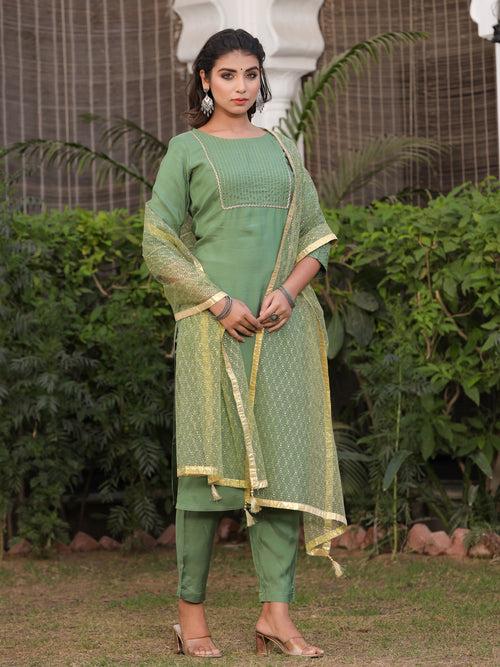 Green Embroidered Straight Viscose Musline Kurta With Pant & Net Dupatta