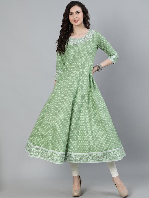 Green Printed Anarkali With Embroidered Yoke