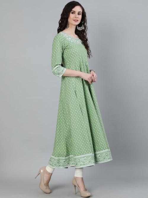 Green Printed Anarkali With Embroidered Yoke