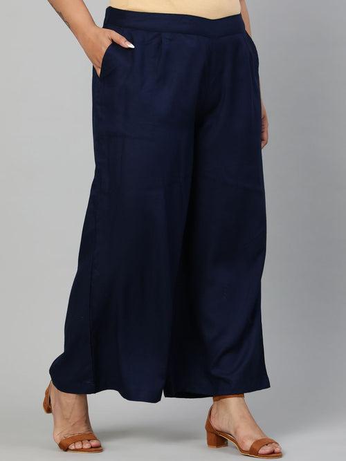 Navy Blue Solid Rayon Palazzo