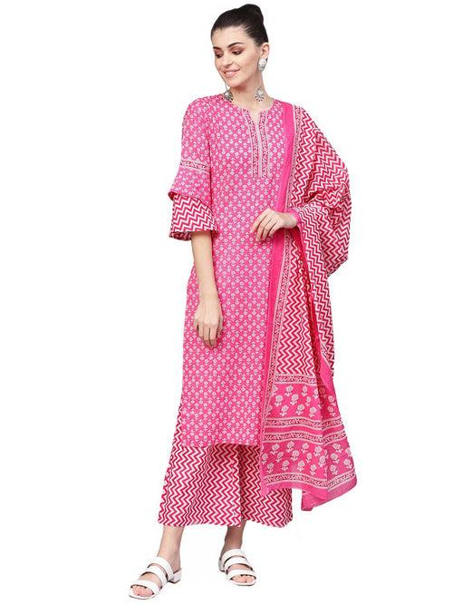 Printed Straight Kurta With Printed Palazzo And Dupatta