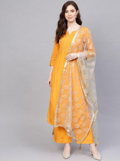 Mustard & Grey Yoke Design Kurta With Palazzos & Net Dupatta