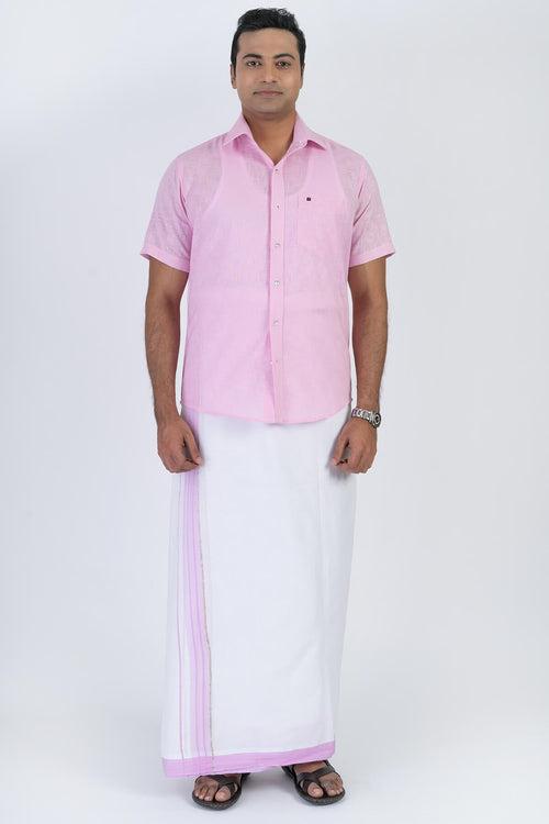 Combo Men's Premium Cotton Dhoti with Baby Pink Shirt