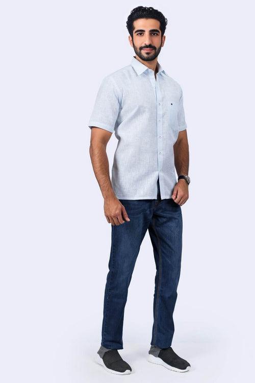 Mens Sky Blue Regular Fit Jute Blended Shirt