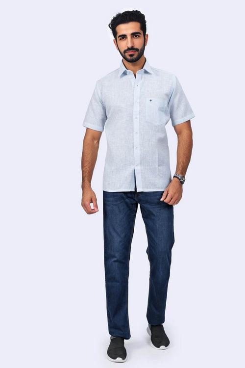 Mens Sky Blue Regular Fit Jute Blended Shirt