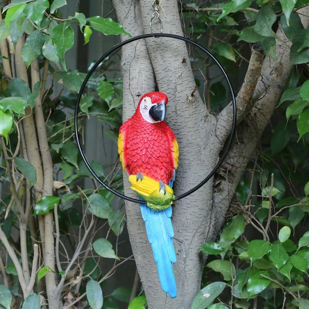 Imported Red Parrot in Ring for Hanging, Home and Garden Decor