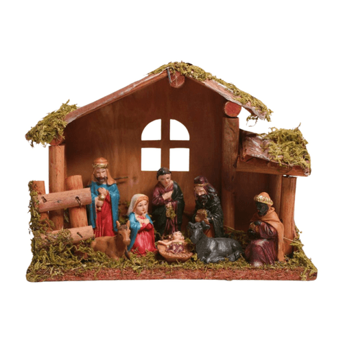 Wonderland Wooden hut stable Christmas crib nativity, resin, decoration