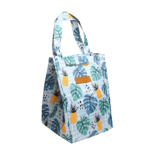 Wonderland Thermal insulated canvas tote lunch bag(Light Blue leave Pineapple Print)