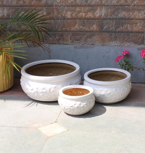 Wonderland Set of 3 white embossed Imported ceramic pots for exterior/ Outdoor