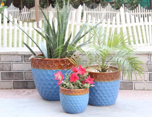 Wonderland Set of 3 brown and blue Imported ceramic pots for exterior/ Outdoor