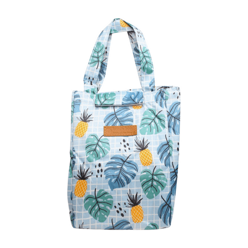 Wonderland Thermal insulated canvas tote lunch bag(Light Blue leave Pineapple Print)