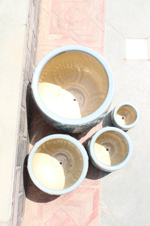Wonderland Set of 3 grey blue dotted Imported ceramic pots for exterior/ Outdoor