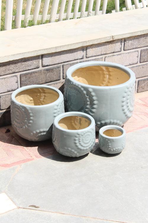 Wonderland Set of 3 grey blue dotted Imported ceramic pots for exterior/ Outdoor