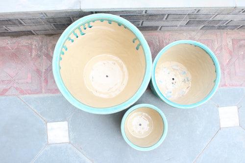 Wonderland Set of 3 seagreen imbossed Imported ceramic pots for exterior/ Outdoor