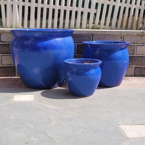 Wonderland Set of 3 blue imported ceramic pots for exterior/ Outdoor