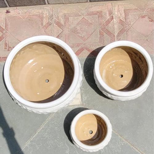 Wonderland Set of 3 white embossed Imported ceramic pots for exterior/ Outdoor