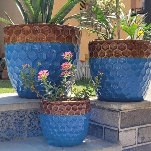 Wonderland Set of 3 brown and blue Imported ceramic pots for exterior/ Outdoor