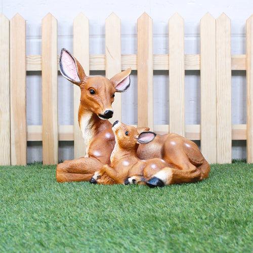 Deer Sitting Statue (Mother and Baby) for Garden Decoration (Dark Brown)