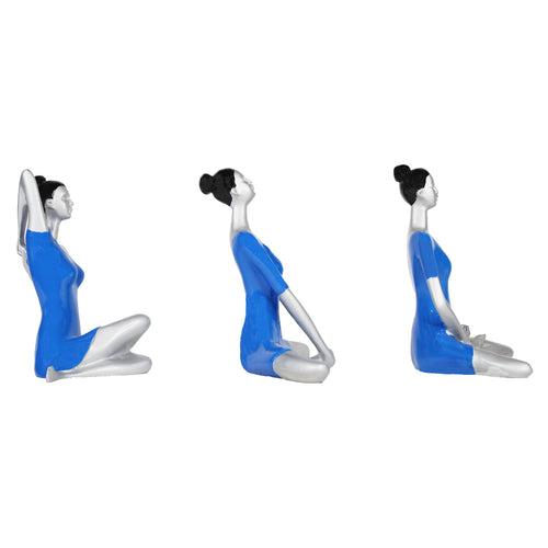 (Set of 3) Small Blue and Silver Yoga Girl Statue.