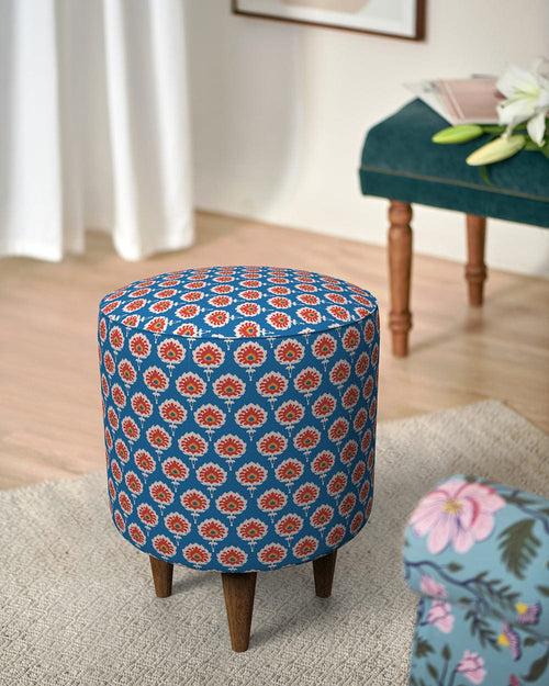 French Pouffe - Blue Ikkat