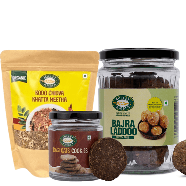 Millet Amma Best Seller Combo - Millet Laddoo Bajra Ladoo Jar 300 GMS + Ragi And Oats Cookies + Kodo Khatta Meeta Chivda 200 gm