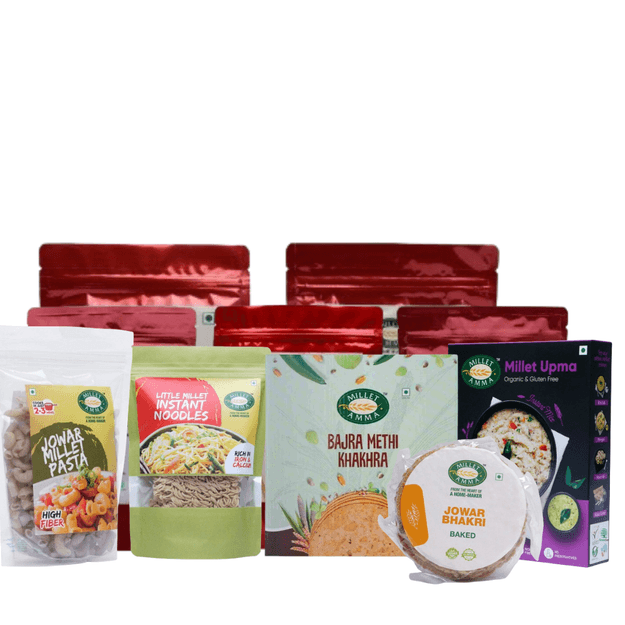 Millet Amma Diabetic Friendly Millet Combo No. 2 - Siridhanya Flour Combo of 500gram each+ Millet Rava Upma Mix+Jowar millet pasta+Bajra methi Khakra+Jowar Bhakri+Little Millet Instant Noodles