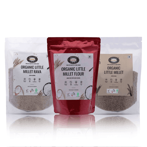 Organic Little Millet Combo Pack of 3 | Little Millet Grain + Little Millet Rava + Little Millet Flour | 500gm Each