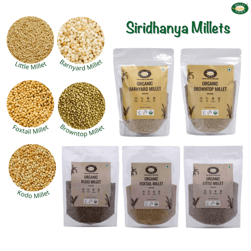 Siridhanya Grain Combo Organic Millet Pack of 5 (5kg-Each 1kg) | Positive Millets due to its balanced Nutritional Profile | Kodo , Foxtail, Little, Barnyard , Browntop Millets