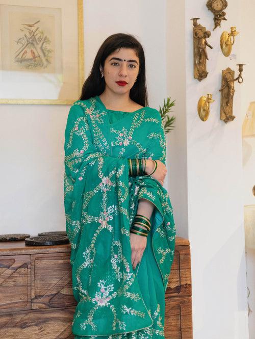 Pannajhar Green Chiffon Saree