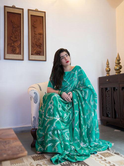 Pannajhar Green Chiffon Saree