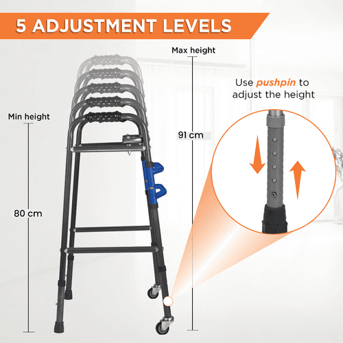 Medipedic Walker with Rotating Castor - Double Bar for Physically Challenged | Mild Steel | Foldable | Light Weight & Adjustable Height (Grey)