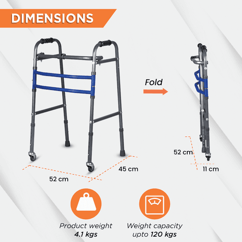 Medipedic Walker with Rotating Castor - Double Bar for Physically Challenged | Mild Steel | Foldable | Light Weight & Adjustable Height (Grey)