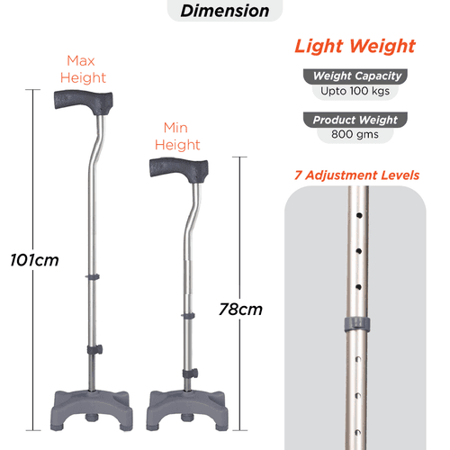 Avanti L Shape Quadripod Stick | Walking Stick with Adjustable Height | Light Weight | 4 Legged Base (Grey)