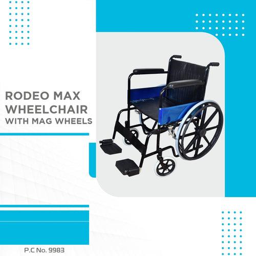 Rodeo Max Wheelchair with Mag Wheels | Fixed Handle & Swingable Footrest | Epoxy Powder Coated | Weight Capacity 100kg | Color (Black)