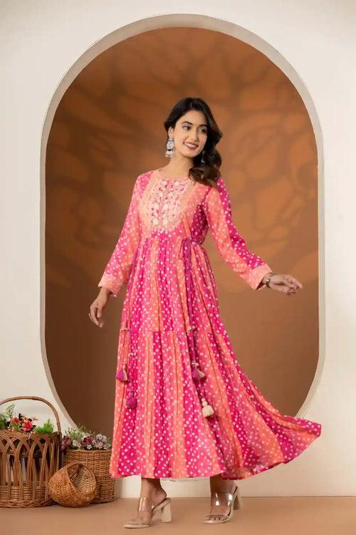 WOMEN'S PINK BANDHANI EMBROIDERED MAXI DRESS