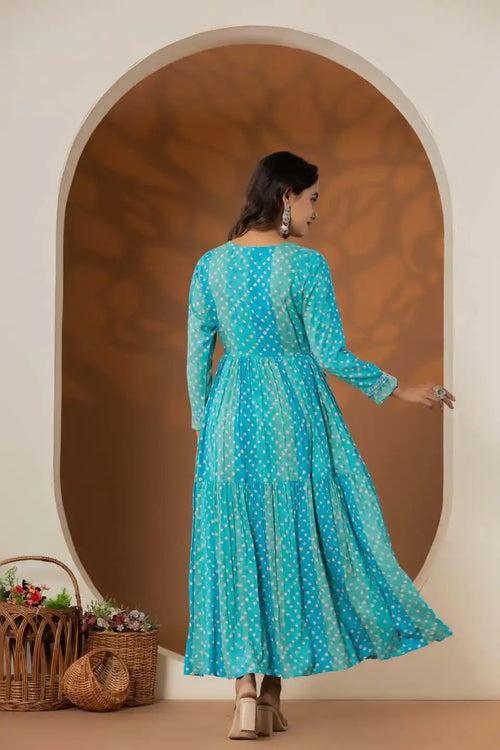 WOMEN'S BLUE BANDHANI EMBROIDERED MAXI DRESS