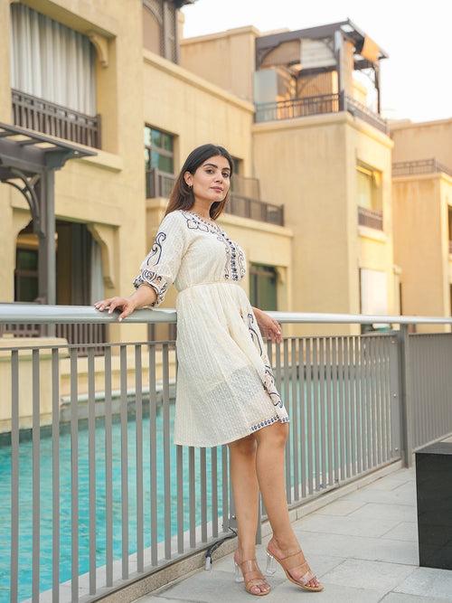 Loomed Luxe: Cotton Embroidery Short Dress