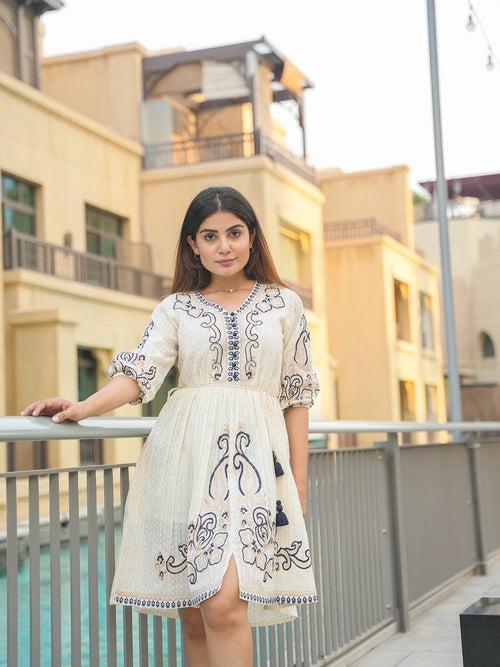 Loomed Luxe: Cotton Embroidery Short Dress