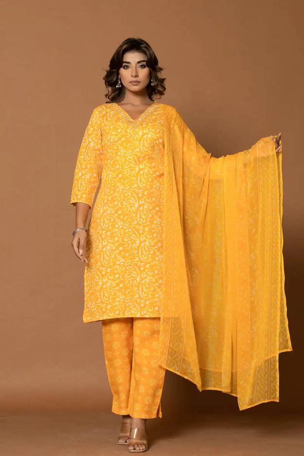 MUSTARD YELLOW FLORAL KURTA SET WITH DUPATTA