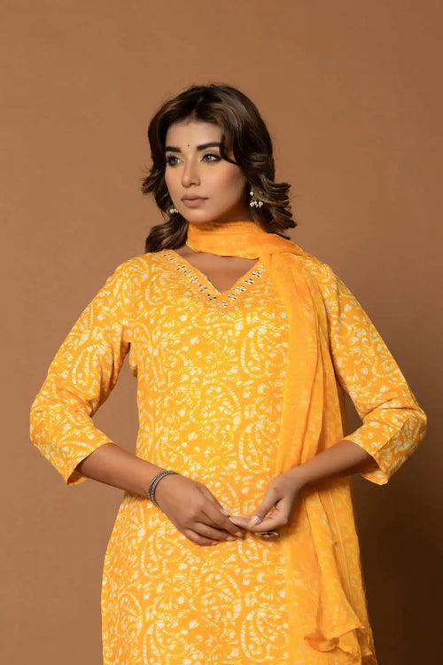 MUSTARD YELLOW FLORAL KURTA SET WITH DUPATTA