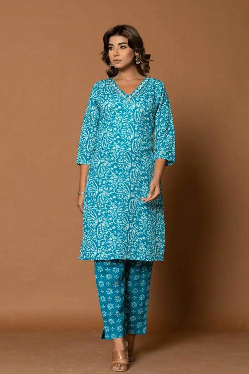 BLUE FLORAL KURTA SET WITH DUPATTA