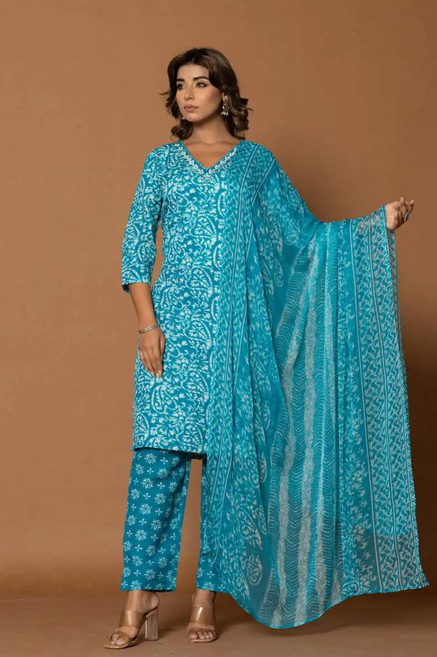 BLUE FLORAL KURTA SET WITH DUPATTA