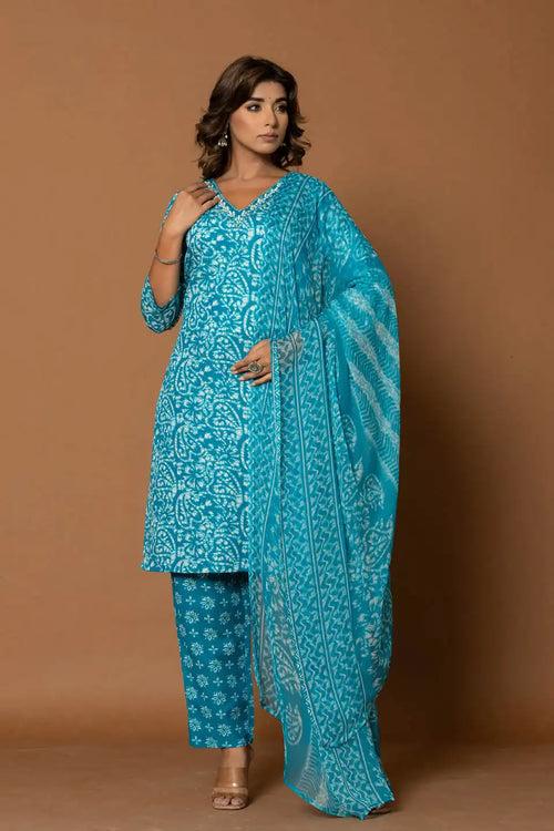 BLUE FLORAL KURTA SET WITH DUPATTA