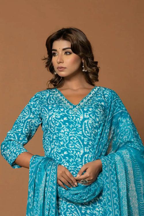 BLUE FLORAL KURTA SET WITH DUPATTA