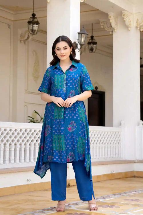 BLUE FLORAL COORDINATED KURTA PANT SET