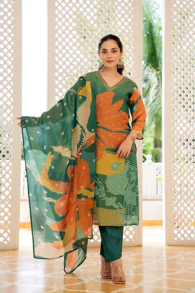 GREEN ABSTRACT FLORAL PRINTED KURTA SET WITH DUPATTA