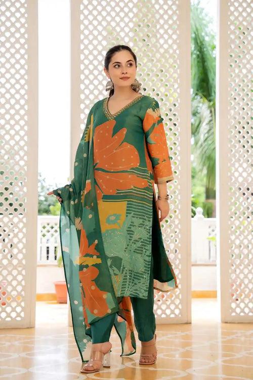 GREEN ABSTRACT FLORAL PRINTED KURTA SET WITH DUPATTA