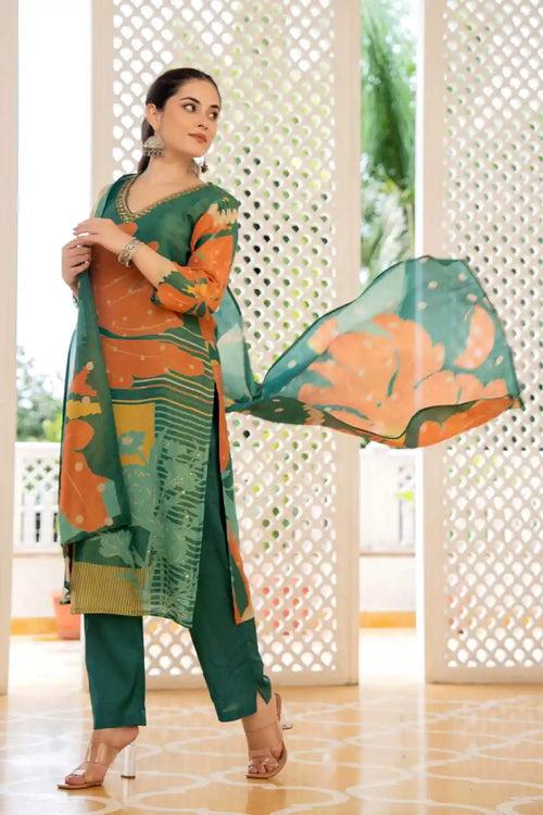 GREEN ABSTRACT FLORAL PRINTED KURTA SET WITH DUPATTA