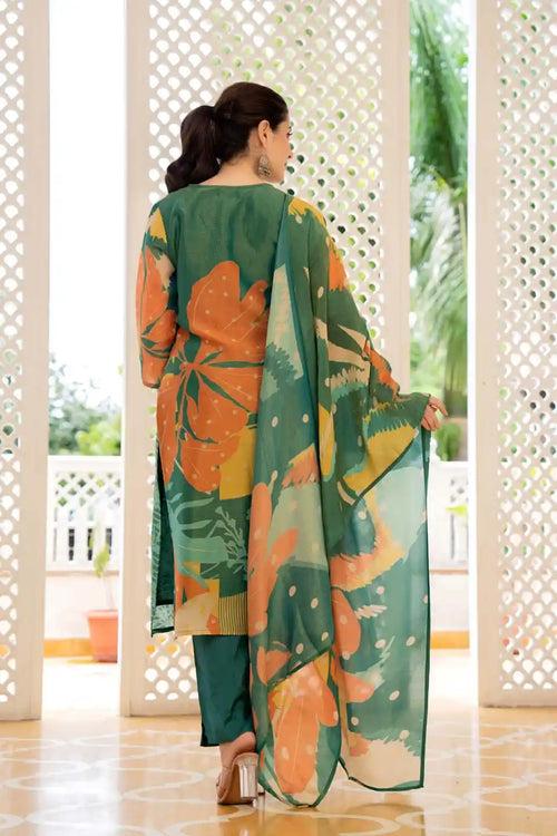 GREEN ABSTRACT FLORAL PRINTED KURTA SET WITH DUPATTA